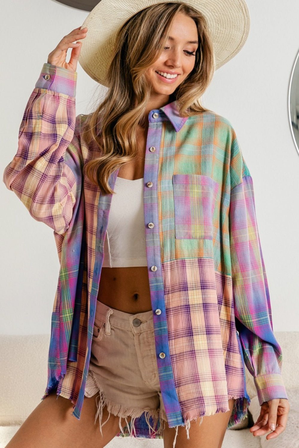 BiBi Plaid Color Block Button Up Shirt - Happily Ever Atchison Shop Co.