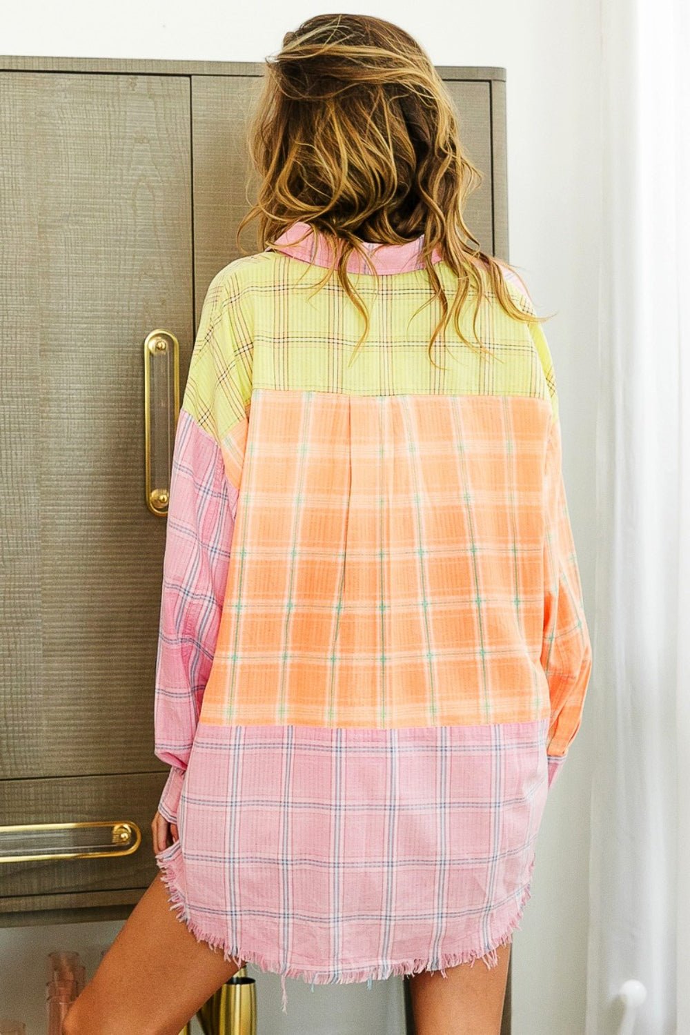 BiBi Plaid Color Block Raw Hem Shirt - Happily Ever Atchison Shop Co.