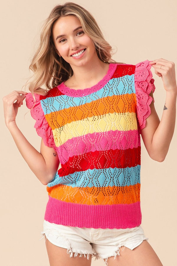 BiBi Pointelle Striped Ruffled Knit Top - Happily Ever Atchison Shop Co.