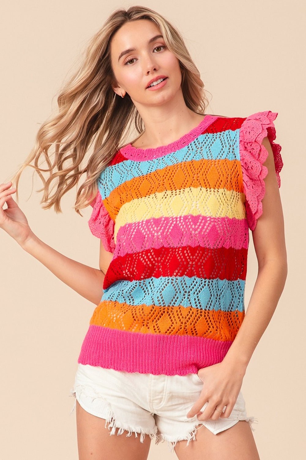 BiBi Pointelle Striped Ruffled Knit Top - Happily Ever Atchison Shop Co.