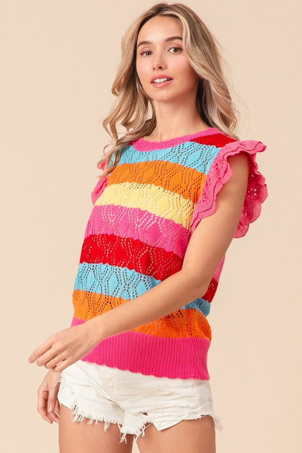 BiBi Pointelle Striped Ruffled Knit Top - Happily Ever Atchison Shop Co.