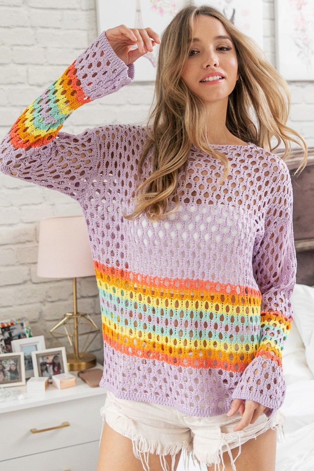 BiBi Rainbow Stripe Hollow Out Cover Up - Happily Ever Atchison Shop Co.