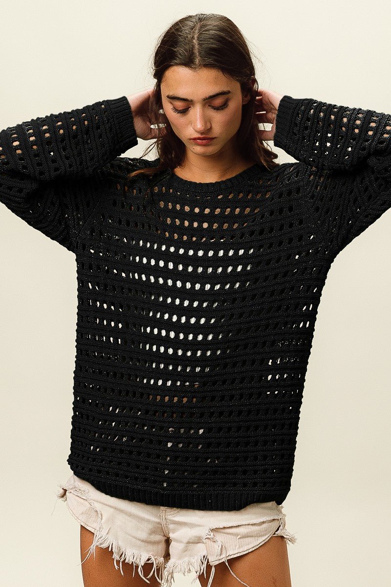 BiBi Round Neck Openwork Knit Cover Up - Happily Ever Atchison Shop Co.