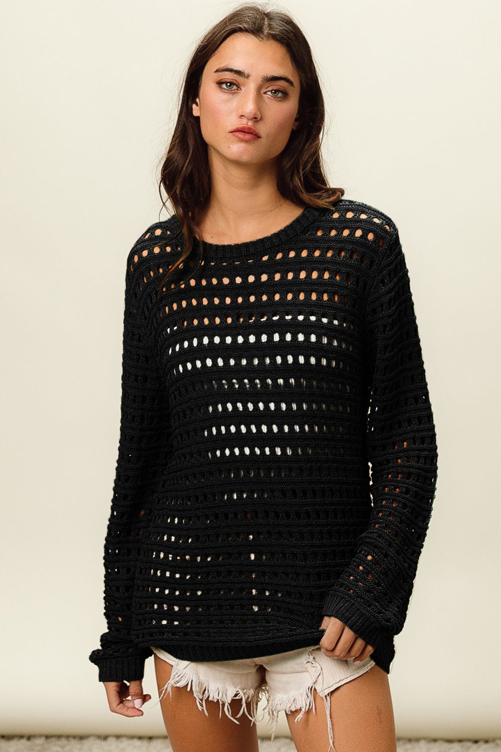 BiBi Round Neck Openwork Knit Cover Up - Happily Ever Atchison Shop Co.