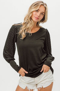 BiBi Round Neck Polka Dot Lantern Sleeve Top - Happily Ever Atchison Shop Co.