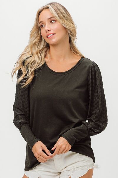 BiBi Round Neck Polka Dot Lantern Sleeve Top - Happily Ever Atchison Shop Co.