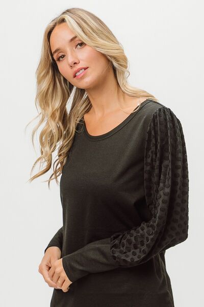 BiBi Round Neck Polka Dot Lantern Sleeve Top - Happily Ever Atchison Shop Co.