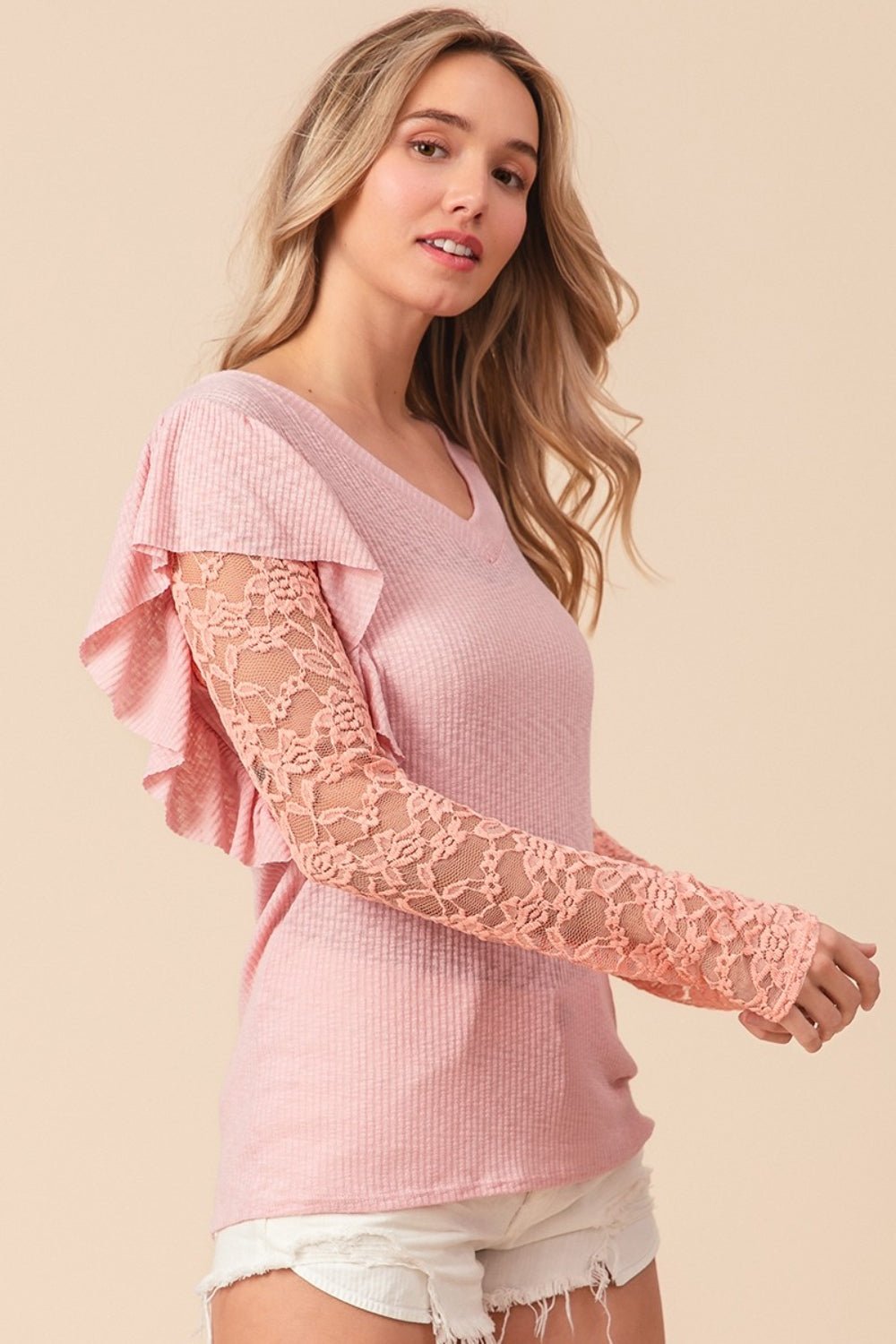BiBi Ruffled Lace Sleeve Rib Knit Top - Happily Ever Atchison Shop Co.