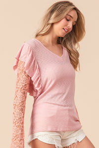 BiBi Ruffled Lace Sleeve Rib Knit Top - Happily Ever Atchison Shop Co.