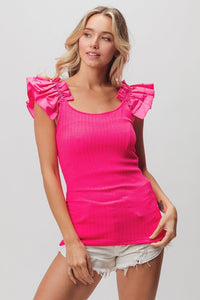 BiBi Ruffled Shoulder Strap Rib Texture Top - Happily Ever Atchison Shop Co.