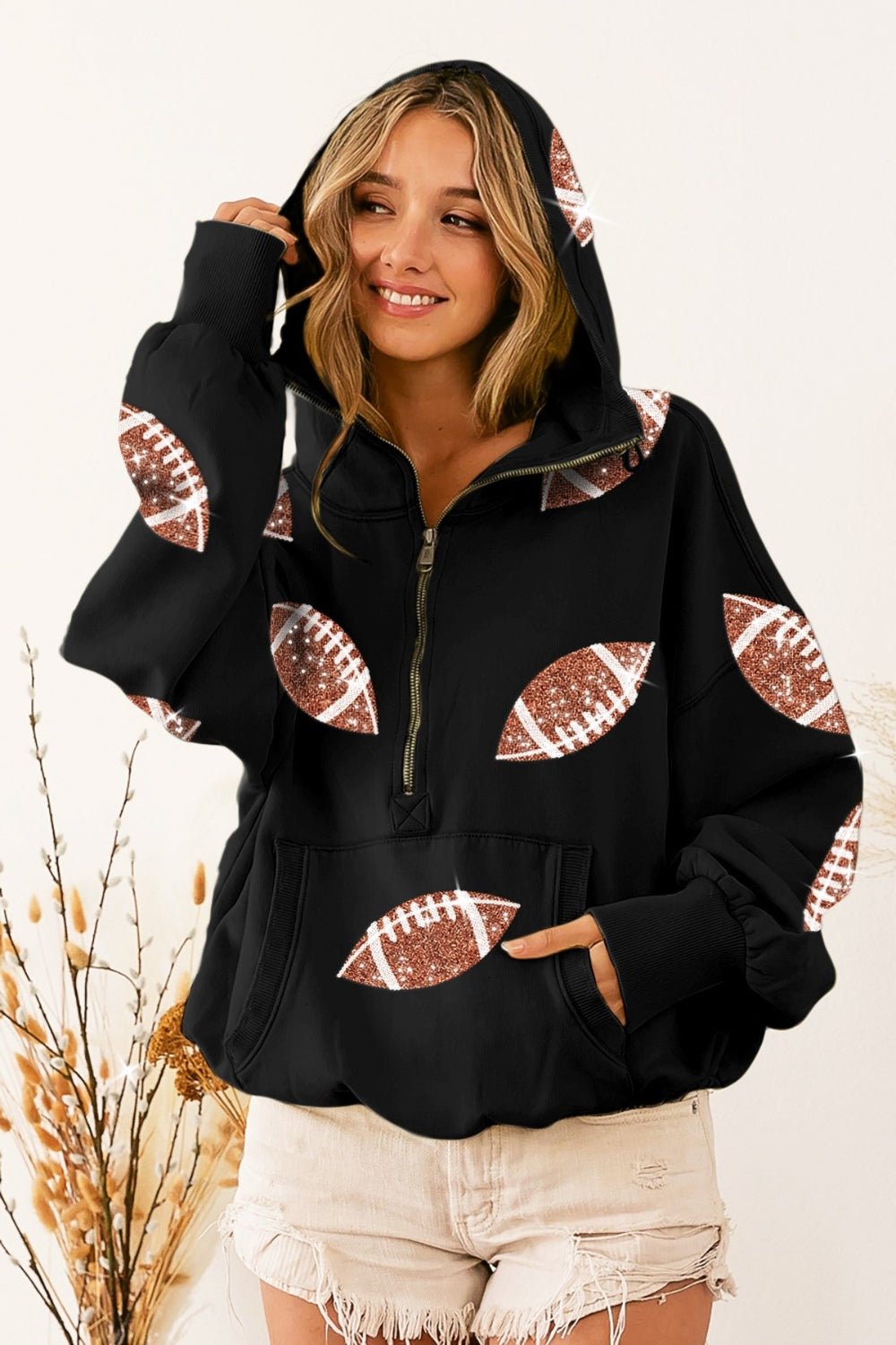 BiBi Sequin Football Half Zip Hoodie - Happily Ever Atchison Shop Co.