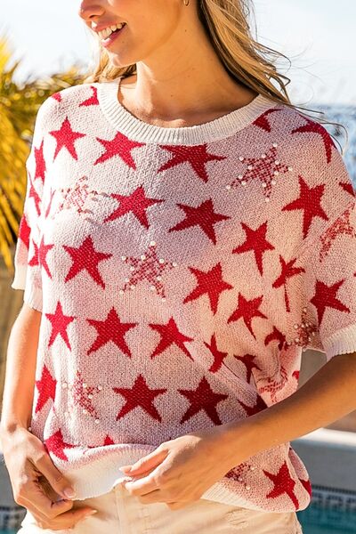 BiBi Star Pattern Round Neck Short Sleeve Knit Top - Happily Ever Atchison Shop Co.