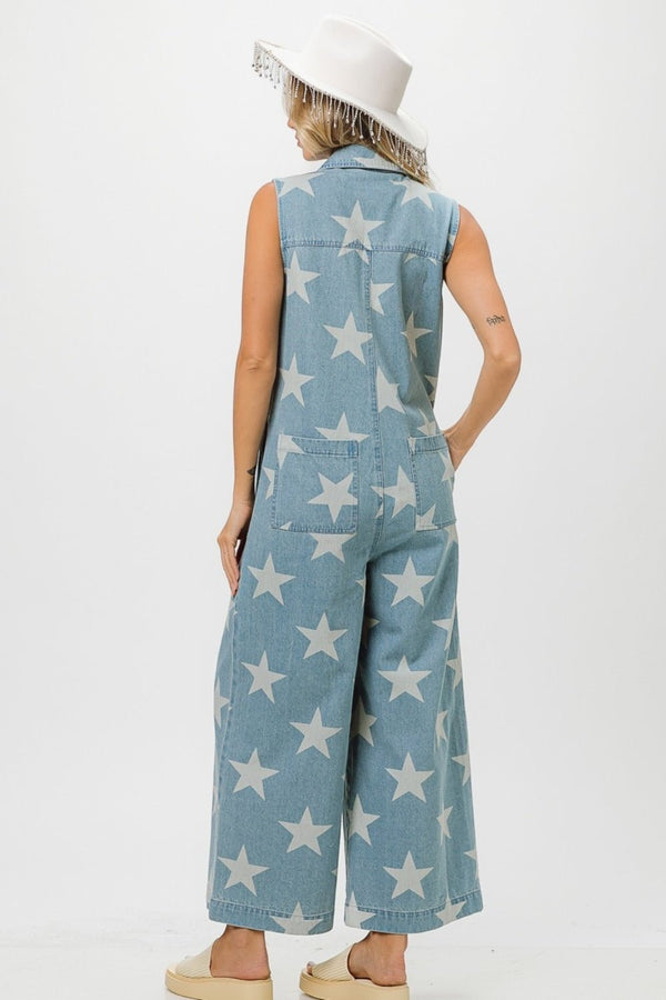 BiBi Star Print Half Zip Sleeveless Denim Jumpsuit - Happily Ever Atchison Shop Co.