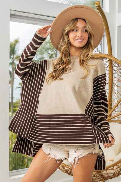 BiBi Striped Contrast Long Sleeve Slit Top - Happily Ever Atchison Shop Co.