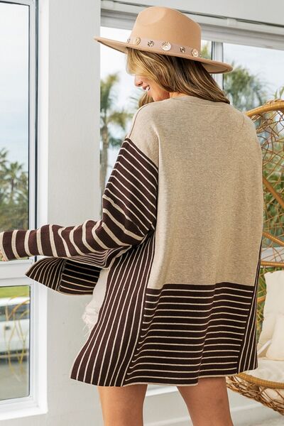 BiBi Striped Contrast Long Sleeve Slit Top - Happily Ever Atchison Shop Co.