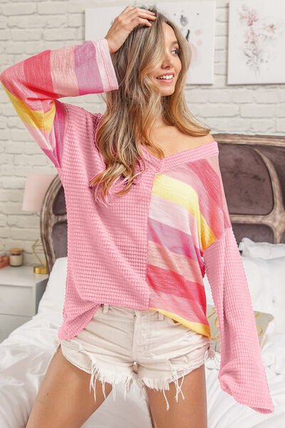 BiBi Striped Contrast Waffle Long Sleeve Top - Happily Ever Atchison Shop Co.