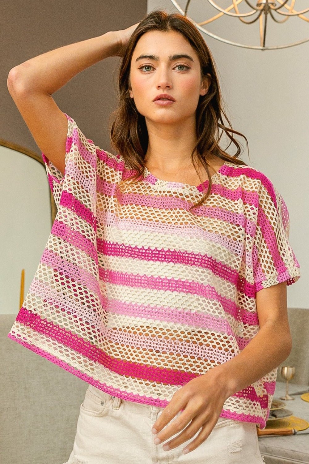 BiBi Striped Openwork Short Sleeve Knit Cover Up - Happily Ever Atchison Shop Co.