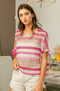 BiBi Striped Openwork Short Sleeve Knit Cover Up - Happily Ever Atchison Shop Co.