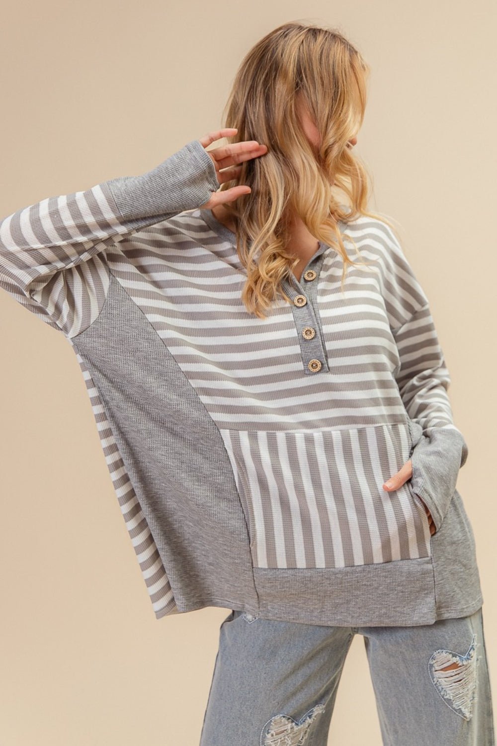 BiBi Striped Thumbhole Long Sleeve Top - Happily Ever Atchison Shop Co.
