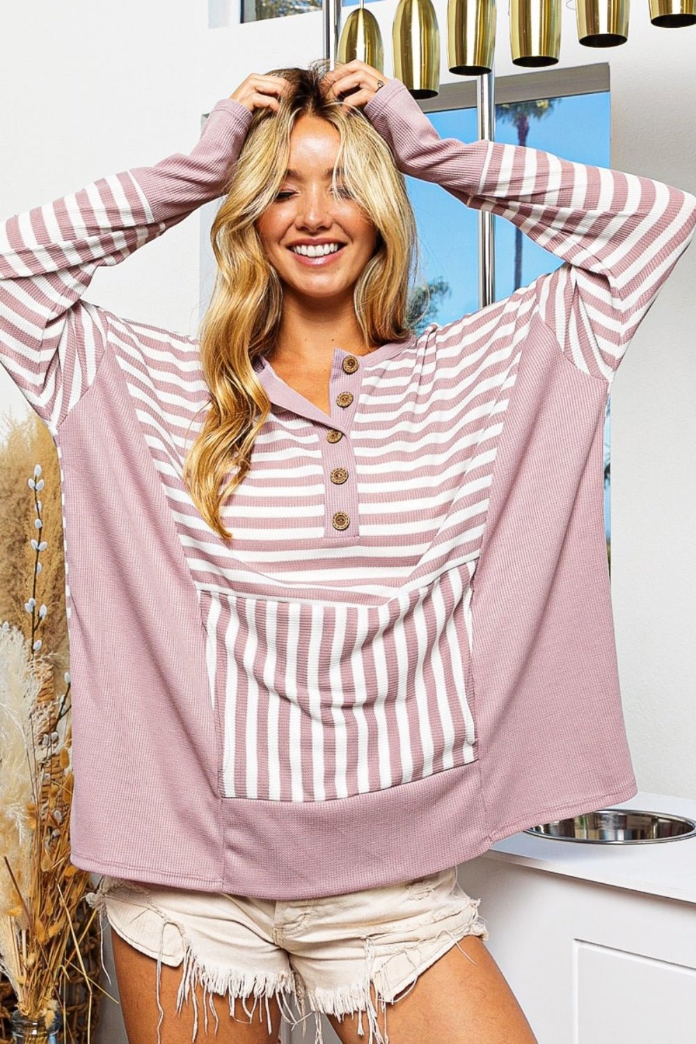 BiBi Striped Thumbhole Long Sleeve Top - Happily Ever Atchison Shop Co.