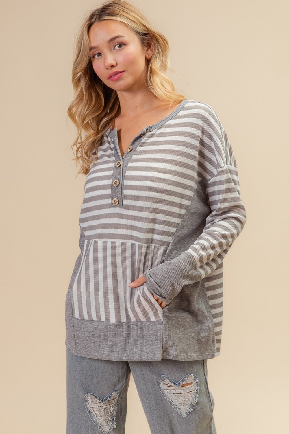 BiBi Striped Thumbhole Long Sleeve Top - Happily Ever Atchison Shop Co.