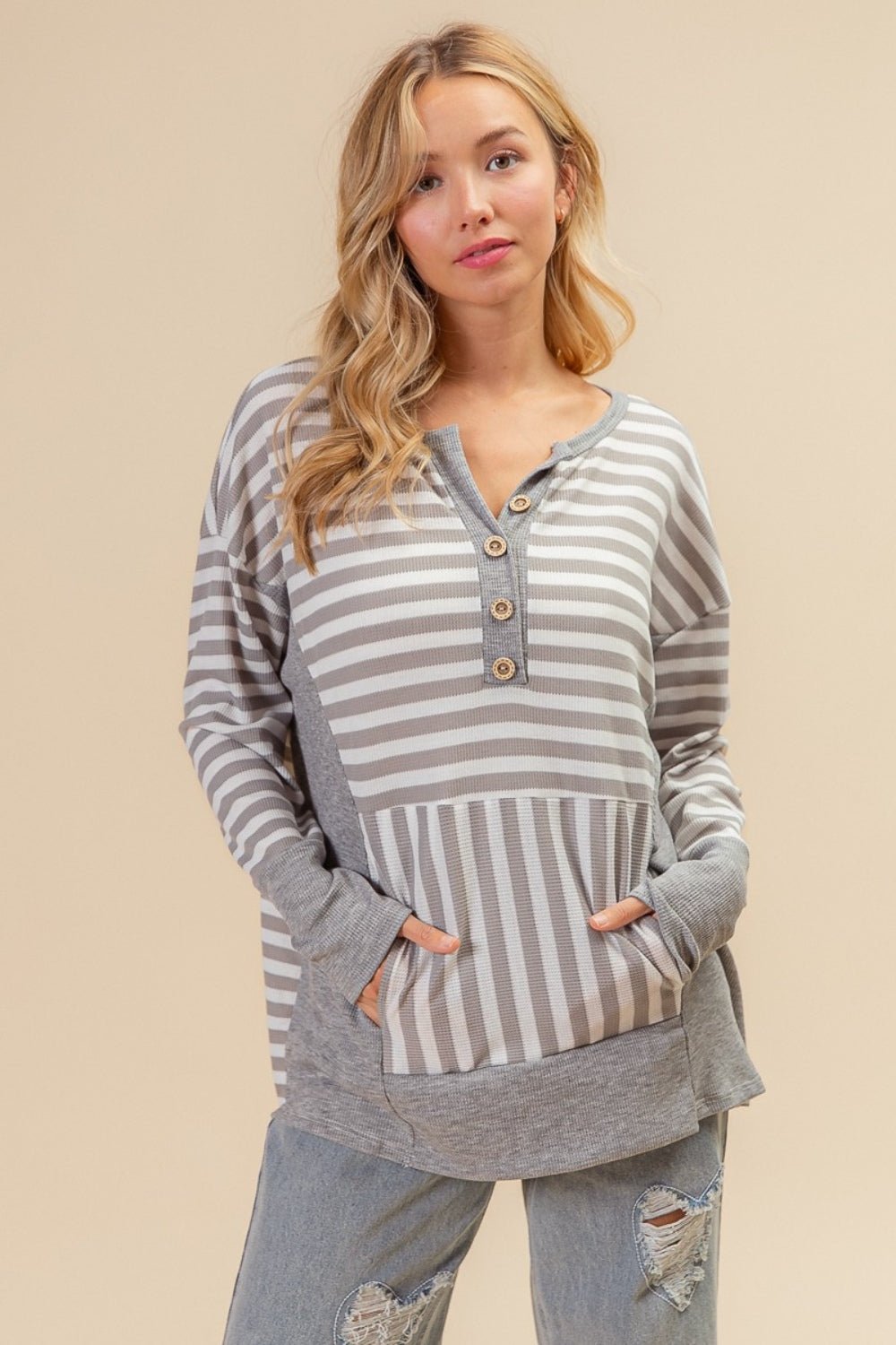 BiBi Striped Thumbhole Long Sleeve Top - Happily Ever Atchison Shop Co.