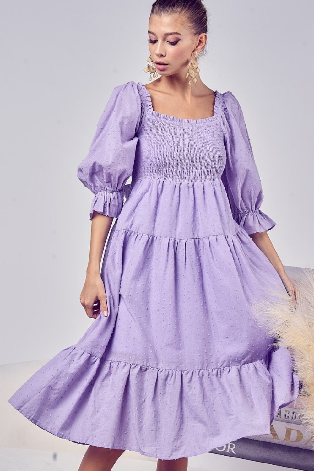 BiBi Swiss Dot Flounce Sleeve Smocked Tiered Midi Dress - Happily Ever Atchison Shop Co.