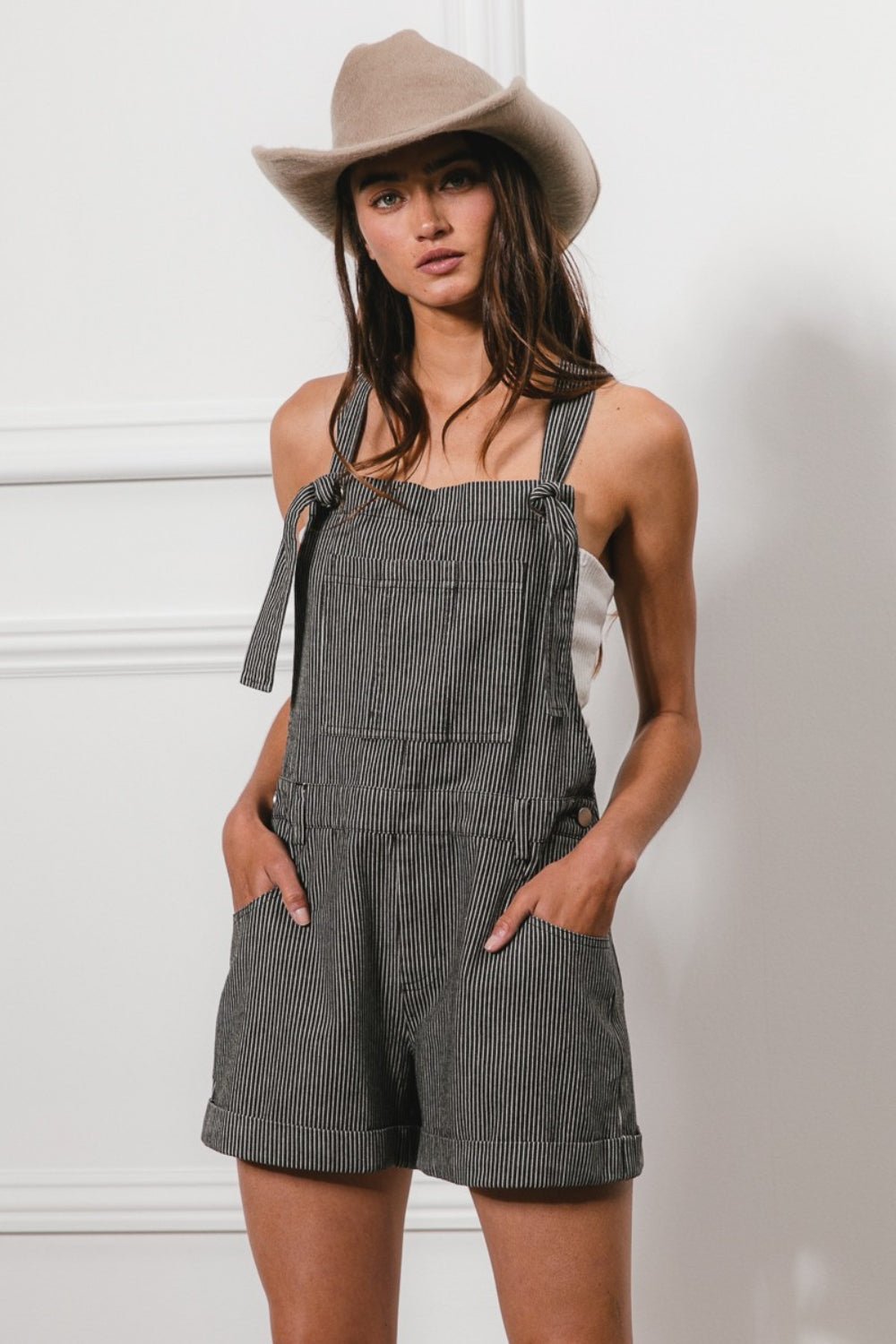BiBi Tie Strap Washed Stripe Denim Overalls - Happily Ever Atchison Shop Co.