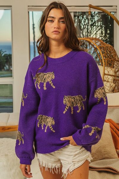 BiBi Tiger Pattern Long Sleeve Sweater - Happily Ever Atchison Shop Co.