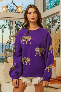 BiBi Tiger Pattern Long Sleeve Sweater - Happily Ever Atchison Shop Co.