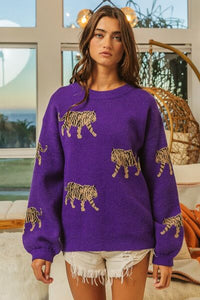 BiBi Tiger Pattern Long Sleeve Sweater - Happily Ever Atchison Shop Co.