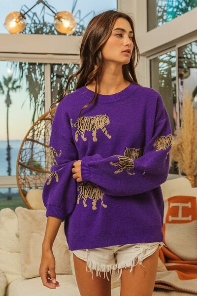 BiBi Tiger Pattern Long Sleeve Sweater - Happily Ever Atchison Shop Co.