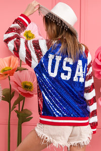 BiBi US Flag Theme Color Block Sequin Bomber Jacket - Happily Ever Atchison Shop Co.