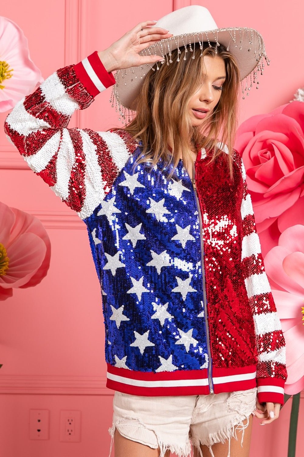 BiBi US Flag Theme Color Block Sequin Bomber Jacket - Happily Ever Atchison Shop Co.