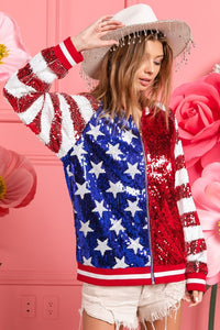 BiBi US Flag Theme Color Block Sequin Bomber Jacket - Happily Ever Atchison Shop Co.