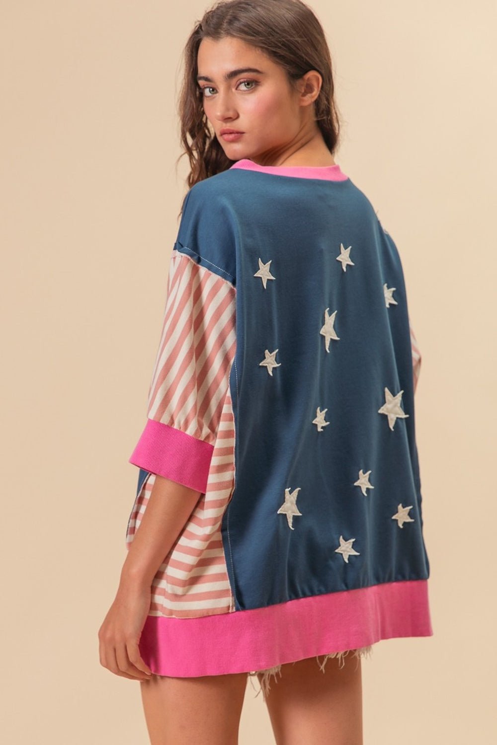 BiBi US Flag Theme Color Block Star Patch T - Shirt - Happily Ever Atchison Shop Co.