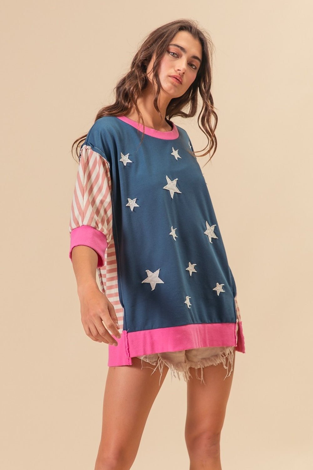 BiBi US Flag Theme Color Block Star Patch T - Shirt - Happily Ever Atchison Shop Co.