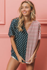 BiBi US Flag Themed Color Block Short Sleeve T - Shirt - Happily Ever Atchison Shop Co.