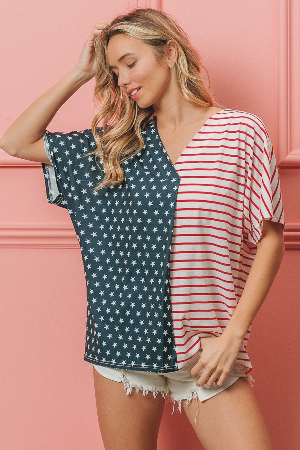 BiBi US Flag Themed Color Block Short Sleeve T - Shirt - Happily Ever Atchison Shop Co.