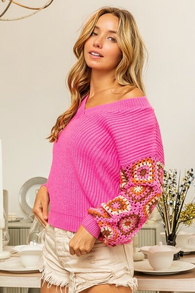 BiBi V-Neck Crochet Long Sleeve Sweater - Happily Ever Atchison Shop Co.
