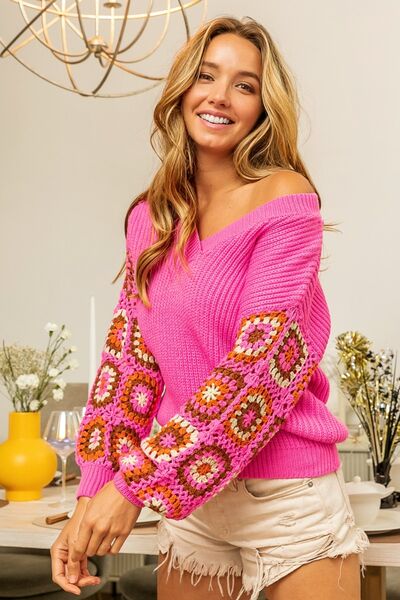 BiBi V-Neck Crochet Long Sleeve Sweater - Happily Ever Atchison Shop Co.