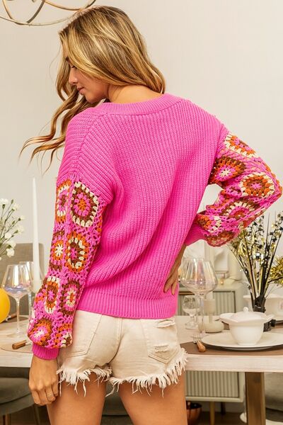 BiBi V-Neck Crochet Long Sleeve Sweater - Happily Ever Atchison Shop Co.