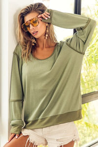 BiBi Waffle Knit Contrast Trim Long Sleeve T-Shirt - Happily Ever Atchison Shop Co.