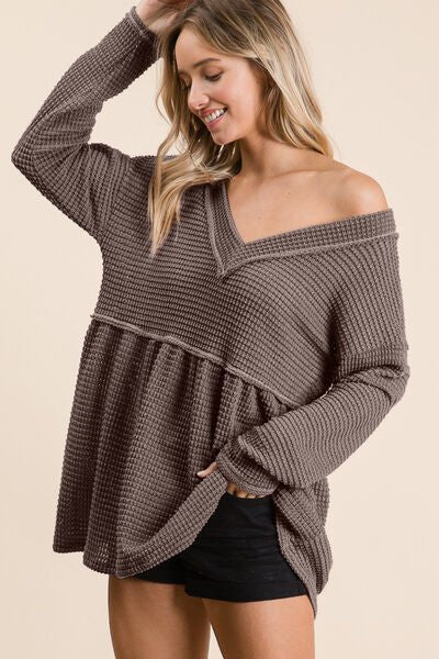 BiBi Waffle Knit V-Neck Babydoll Blouse - Happily Ever Atchison Shop Co.