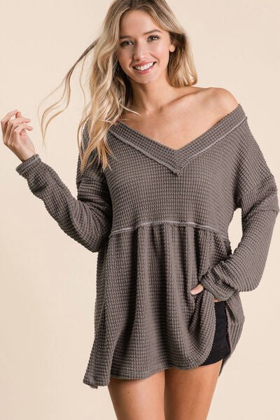 BiBi Waffle Knit V-Neck Babydoll Blouse - Happily Ever Atchison Shop Co.