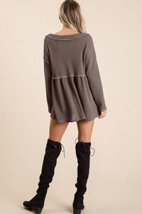 BiBi Waffle Knit V-Neck Babydoll Blouse - Happily Ever Atchison Shop Co.