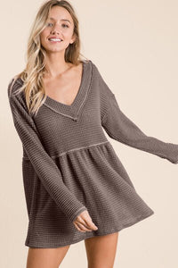 BiBi Waffle Knit V-Neck Babydoll Blouse - Happily Ever Atchison Shop Co.