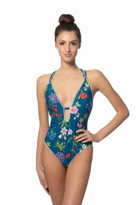 BLUE FLORAL ONE PIECE SWIMSUIT W/STITCHING DETAILS - Happily Ever Atchison Shop Co.