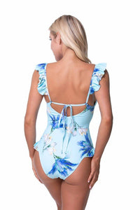 BLUE FLORAL RUFFLE TRIM ONE PIECE SWIMWEAR - Happily Ever Atchison Shop Co.