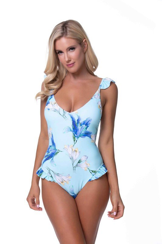 BLUE FLORAL RUFFLE TRIM ONE PIECE SWIMWEAR - Happily Ever Atchison Shop Co.
